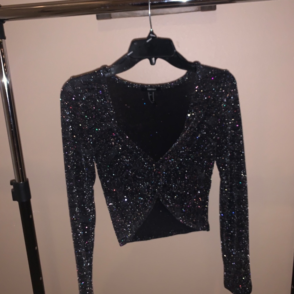 Off The Shoulder Glittery Long Sleeve Crop Top